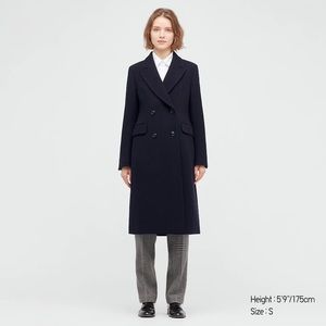 Uniqlo Tweed Coat Wool Blend Long Navy Blue NWT